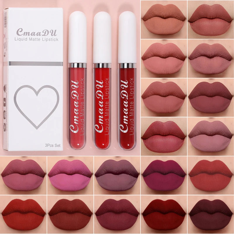 High Quality Matte Lipstick Set 3 Colors Long-Lasting Waterproof Velvet Lip Lipgloss Kit Cosmetics Gift Set for Girls Women