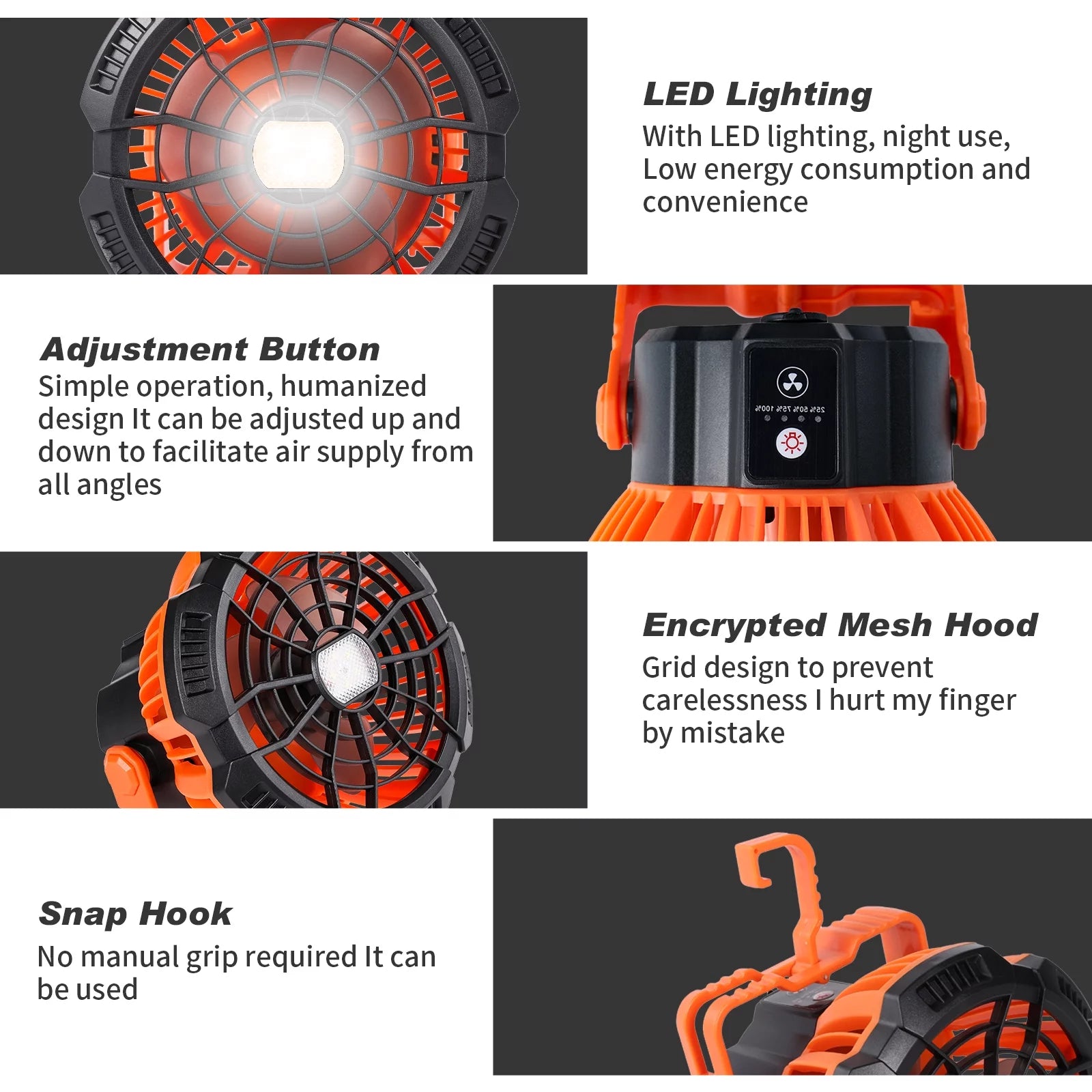 Portable Camping Tent Fan with LED Lantern, Battery Powered Camping Fan with Stepless Speed Control for Fishing, Camping, Bedroom