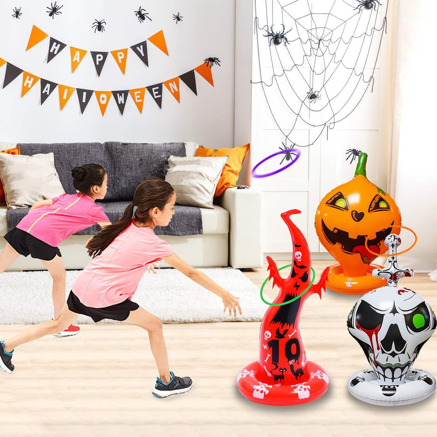 16PCS Halloween Inflatable Witch Hat Ring Toss Game Halloween Games with 10 Rings and Pump Halloween Decorations Gift for Kids Adults Family Party Games