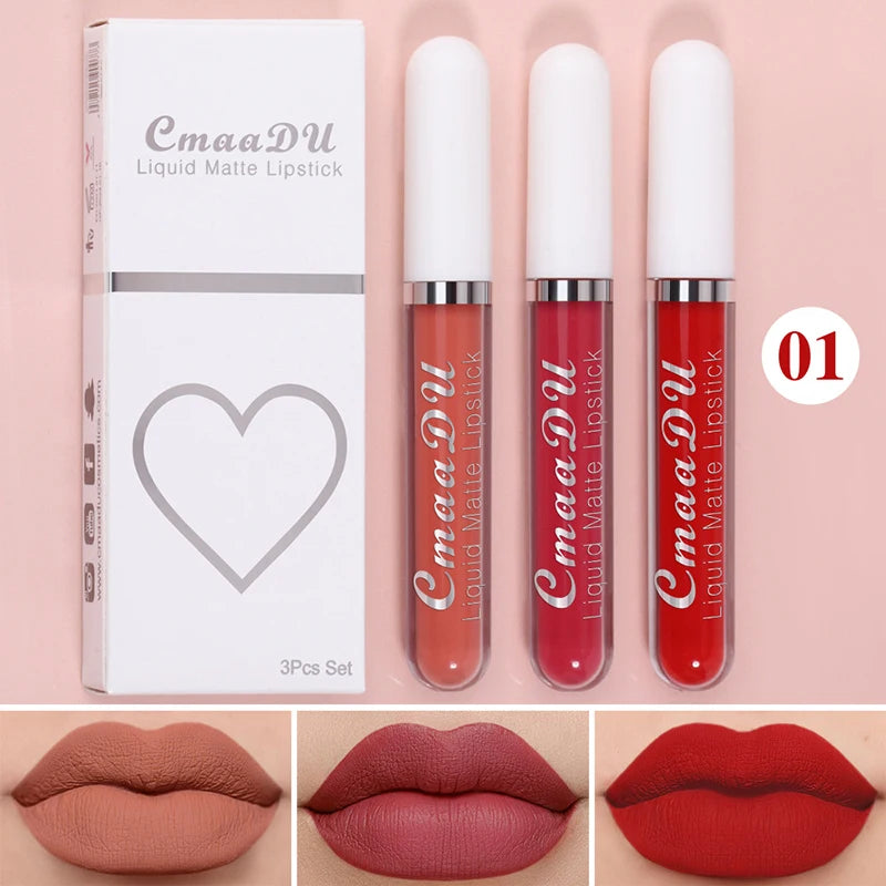 High Quality Matte Lipstick Set 3 Colors Long-Lasting Waterproof Velvet Lip Lipgloss Kit Cosmetics Gift Set for Girls Women