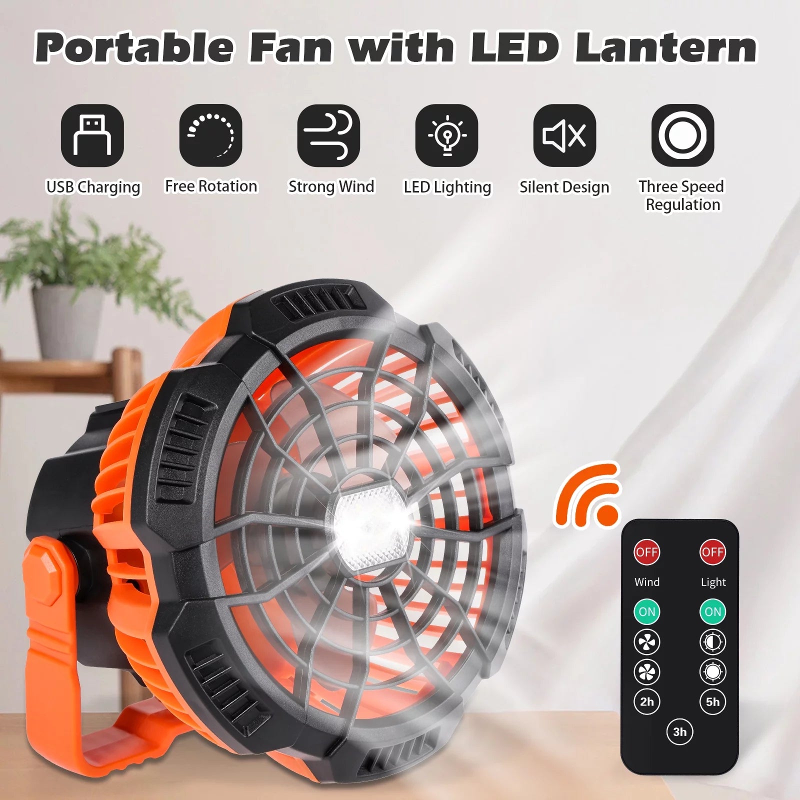 Portable Camping Tent Fan with LED Lantern, Battery Powered Camping Fan with Stepless Speed Control for Fishing, Camping, Bedroom