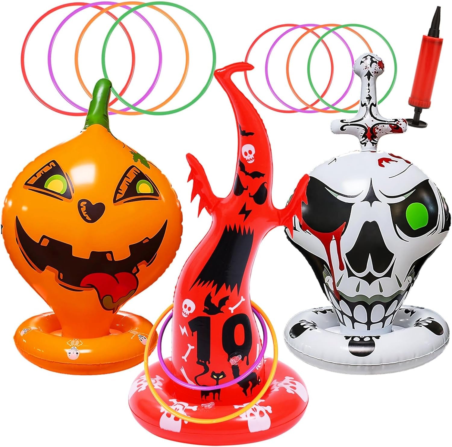 16PCS Halloween Inflatable Witch Hat Ring Toss Game Halloween Games with 10 Rings and Pump Halloween Decorations Gift for Kids Adults Family Party Games