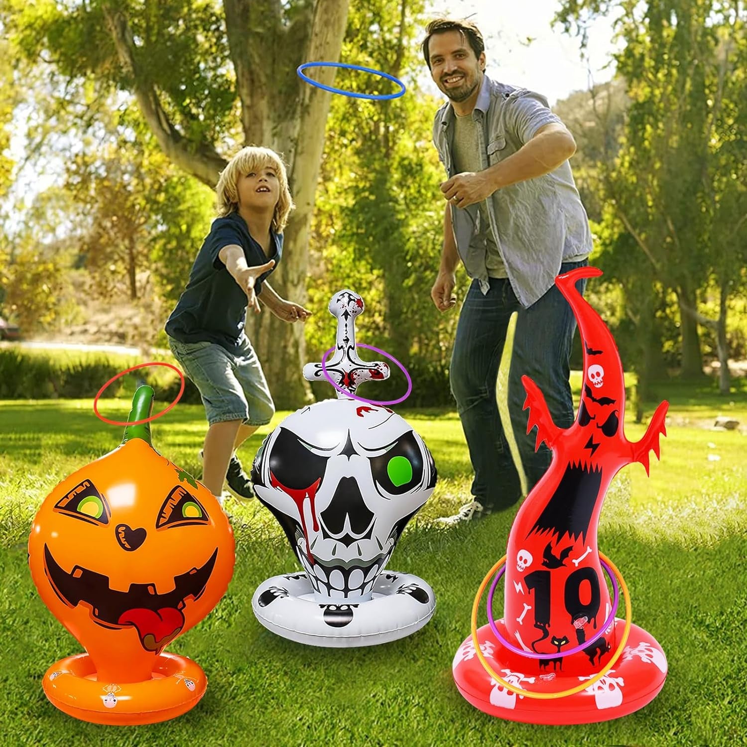 16PCS Halloween Inflatable Witch Hat Ring Toss Game Halloween Games with 10 Rings and Pump Halloween Decorations Gift for Kids Adults Family Party Games