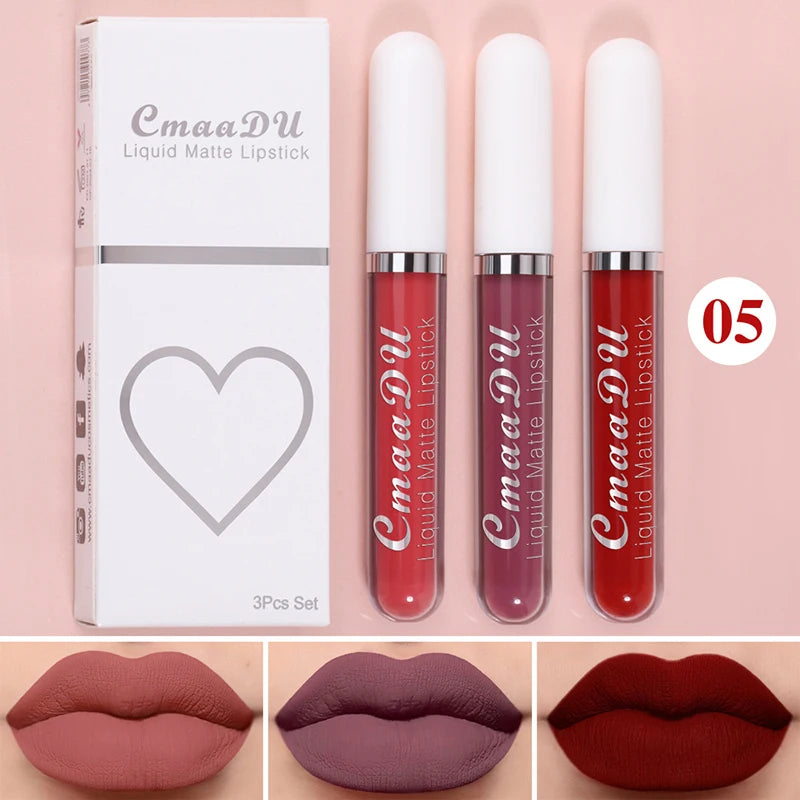 High Quality Matte Lipstick Set 3 Colors Long-Lasting Waterproof Velvet Lip Lipgloss Kit Cosmetics Gift Set for Girls Women