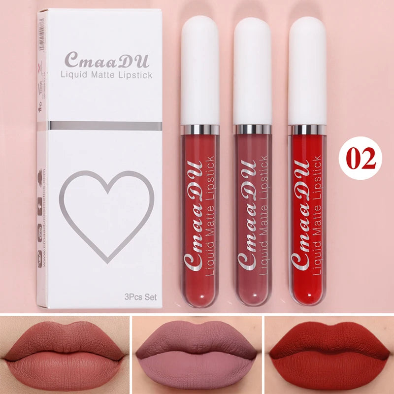 High Quality Matte Lipstick Set 3 Colors Long-Lasting Waterproof Velvet Lip Lipgloss Kit Cosmetics Gift Set for Girls Women