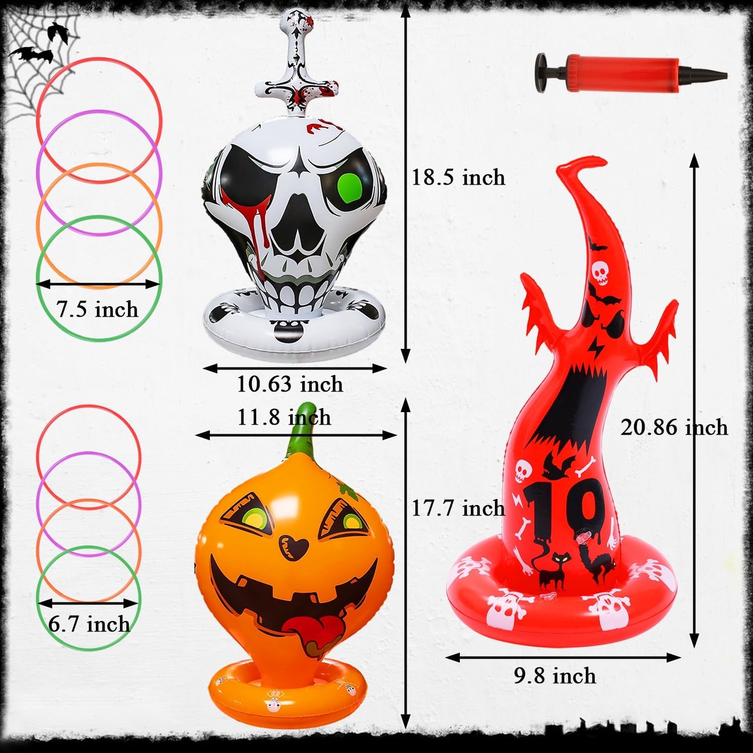 16PCS Halloween Inflatable Witch Hat Ring Toss Game Halloween Games with 10 Rings and Pump Halloween Decorations Gift for Kids Adults Family Party Games