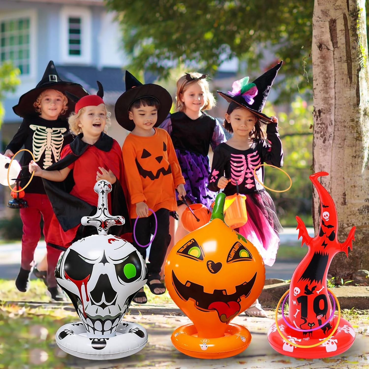 16PCS Halloween Inflatable Witch Hat Ring Toss Game Halloween Games with 10 Rings and Pump Halloween Decorations Gift for Kids Adults Family Party Games