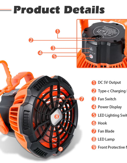 Load image into Gallery viewer, Portable Camping Tent Fan with LED Lantern, Battery Powered Camping Fan with Stepless Speed Control for Fishing, Camping, Bedroom
